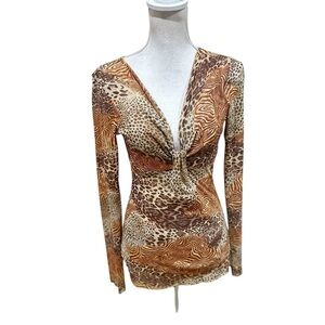 Sweet Pea tonal tan brown animal Print v neck sheer netting blouse top sz large